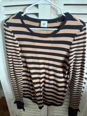 CAbi Black and Tan Striped Crew Neck Sweater